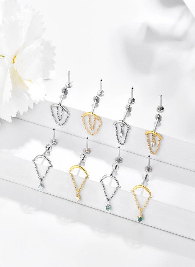 ENONTY Labret Studs Threadless Push-in Labret Press Fit 16G Cluster Helix Lobe Conch Tragus Push Back Piercing Jewelry G23 Titanium (gold chain-Green) - Image 4